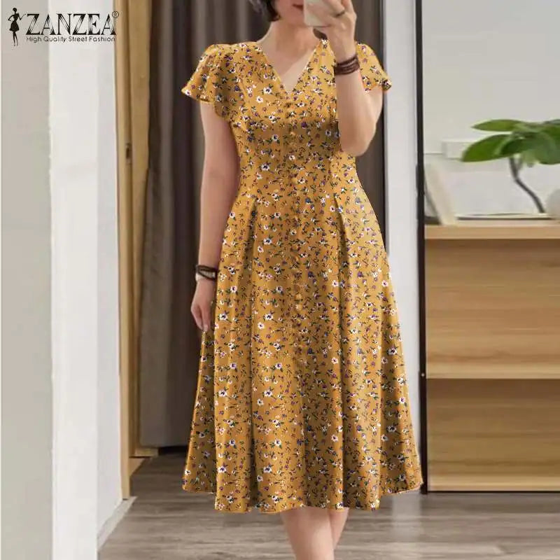 2024 ZANZEA Elegant Summer Dress Women Bohemian Sundress Robe Femme V Neck Short Sleeve Floral Printed Holiday Vestido Kaftan