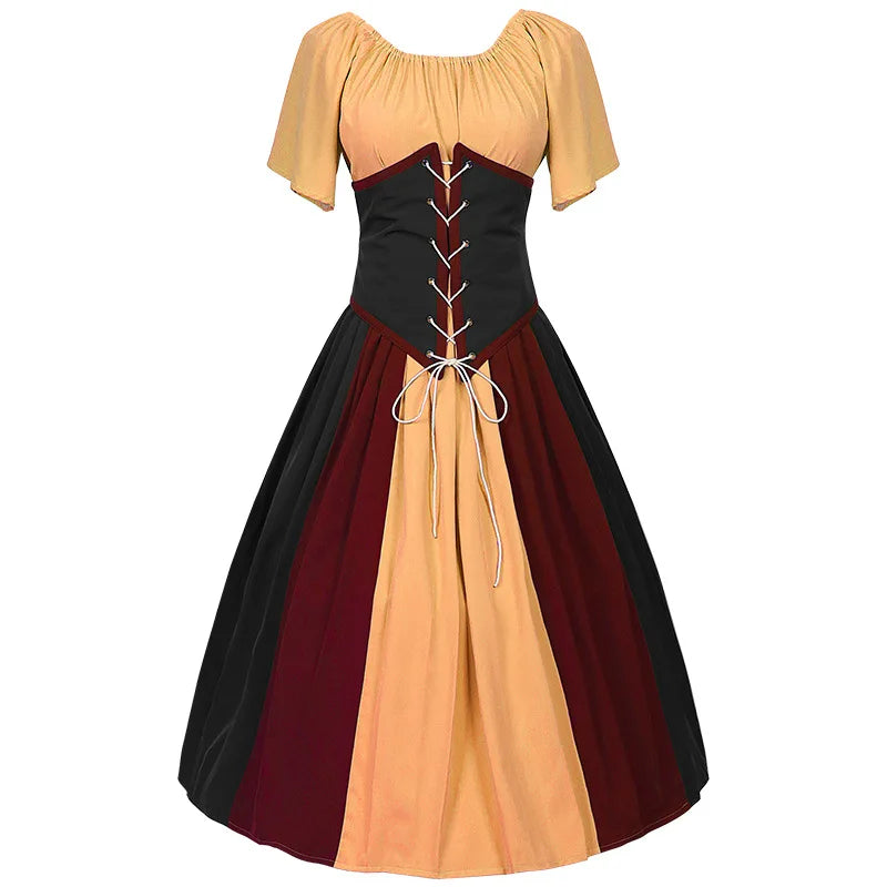 Costumes Halloween pour femmes,robe trapèze rétro médiévale,couleur contrastée,robe à épaules en un mot