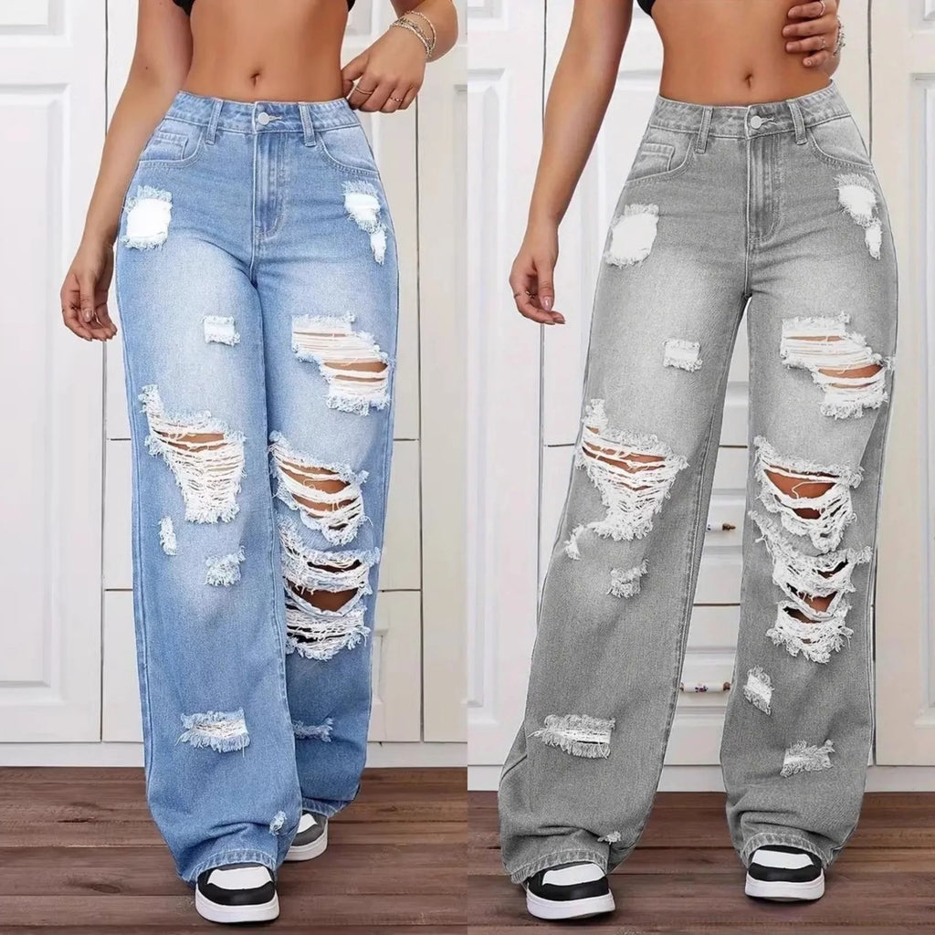 Jean femme taille haute déchiré – Coupe wide leg streetwear