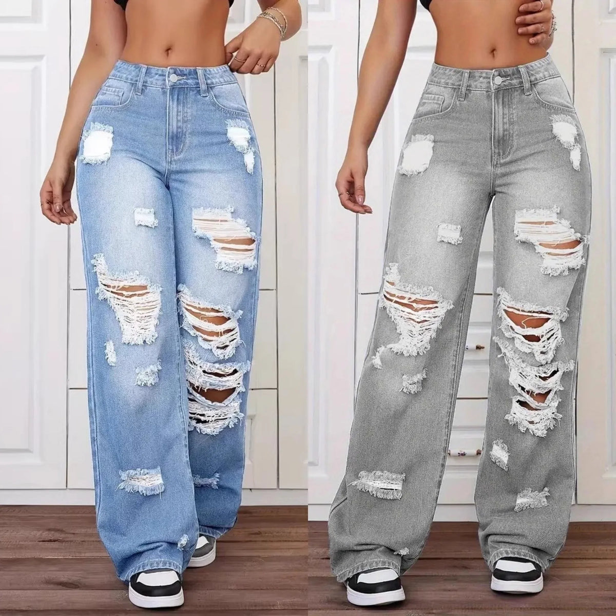 Jean femme taille haute déchiré – Coupe wide leg streetwear
