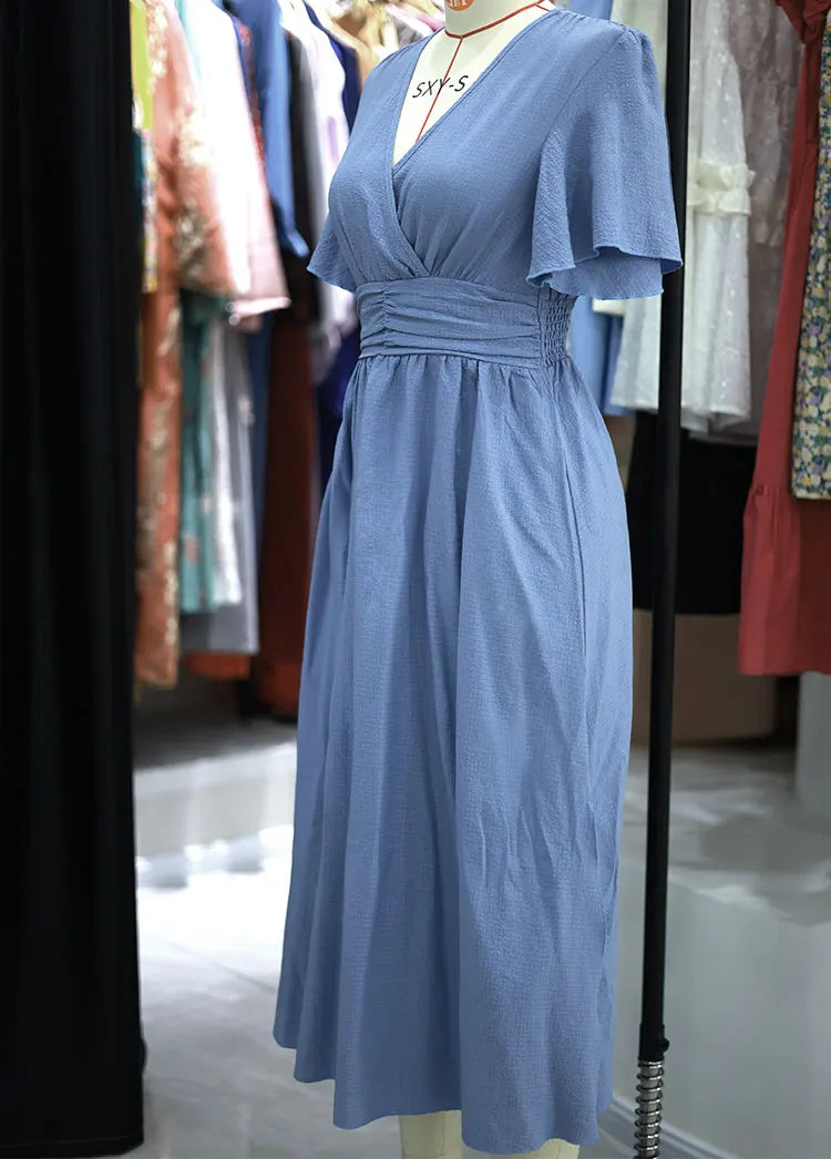 Women Ruffle Solid Pleated Long Dress Chic V Neck Short Sleeved  Black Blue Lace Up Robes Summer Lady High Street Wear Holiday