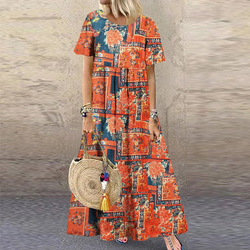 2025 ZANZEA Bohemian Holiday Sundress Summer Women Vintage Floral Printed Short Sleeve Beach Dress Loose Long Vestido Robe Femme