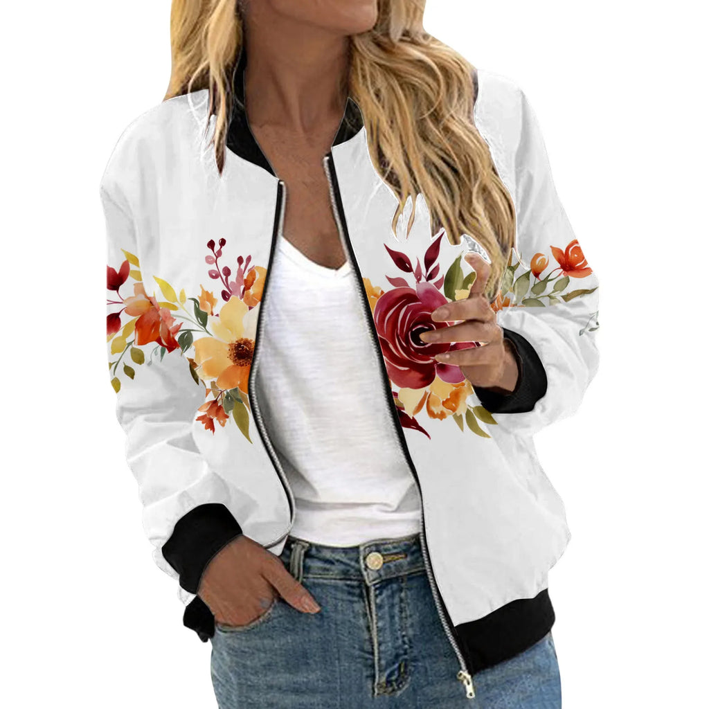 Veste Bomber Femme Imprimé Floral – Courte Zipée Casual Automne Hiver