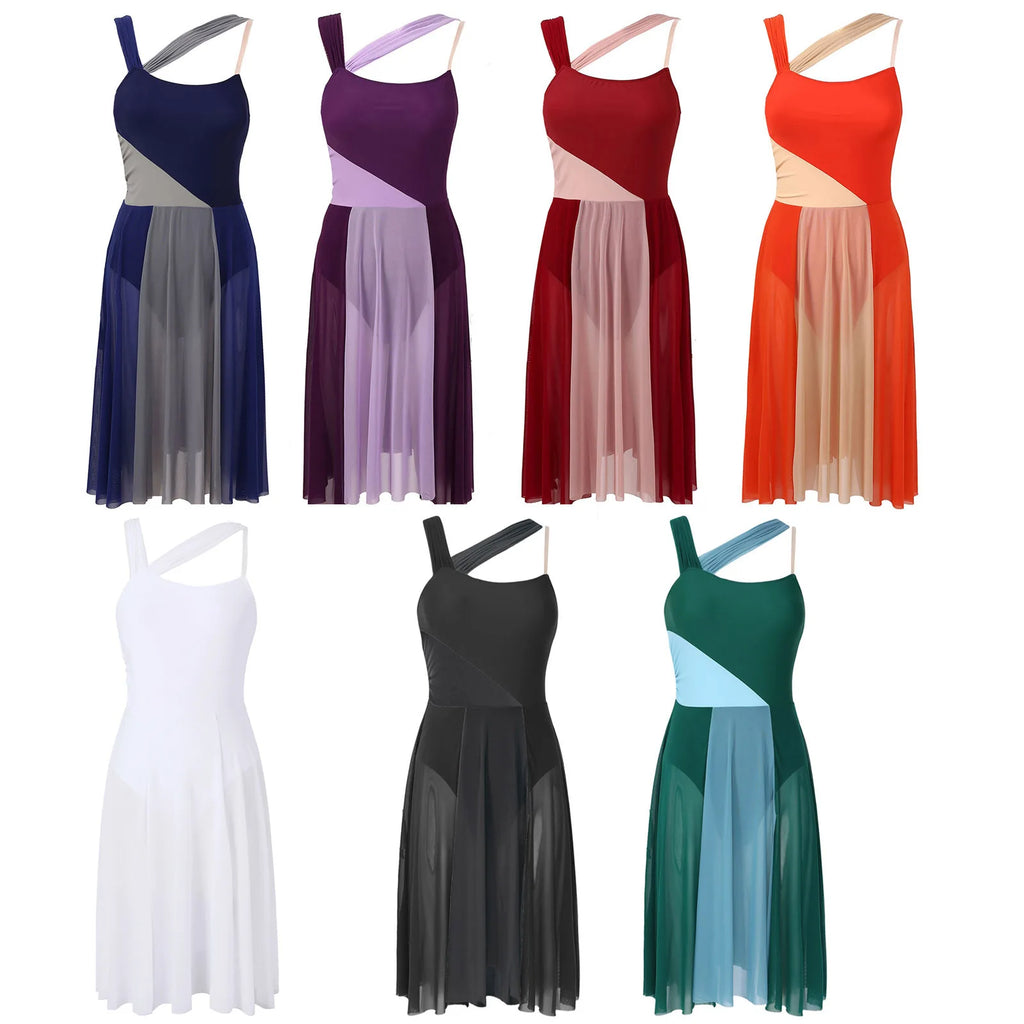 Women Ballet Dance Dress Adult Modern Contemporary Lyrical Dance Costumes Sleeveless Color Block Gymnastics Leotard Dancewear