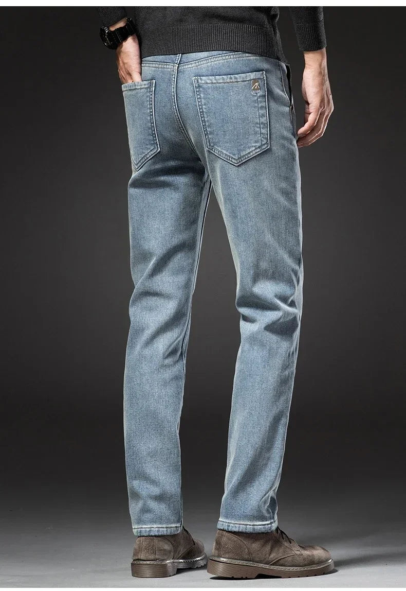 2025 Winter New Men's Fleece Thickened Jeans Retro Blue Hot Straight Casual Pants Stretch Premium Velvet Warm Denim Pants
