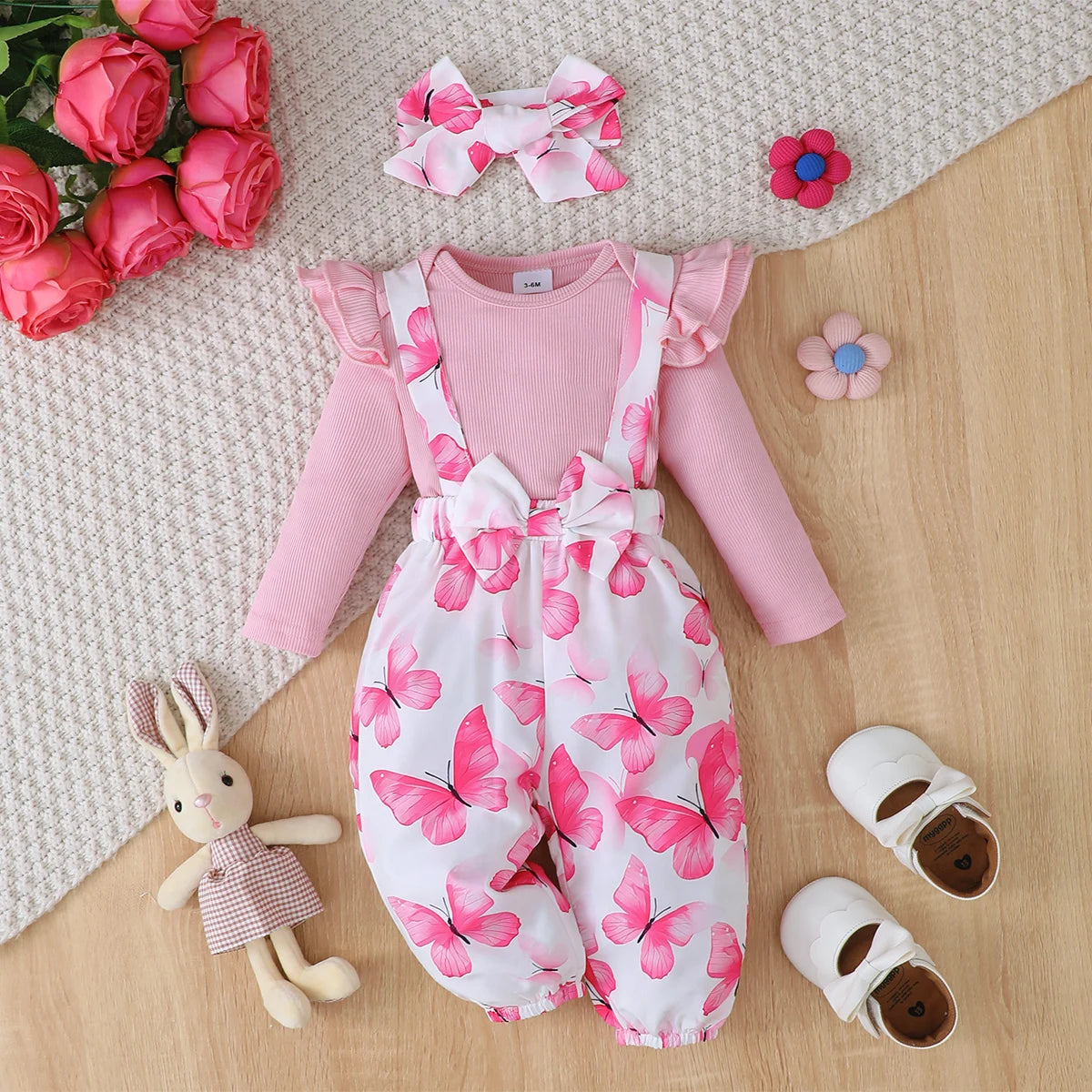 3Pcs Baby Girl Set Flying Sleeve Pit Strip jumpsuit+Printed Strap Pants+Headband Set 0-24 Months Baby Girl Spring Autumn Set