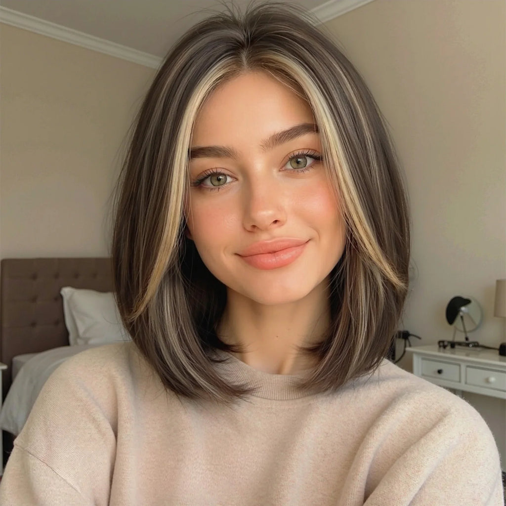 LOUIS FERRE Short Blonde Highlight Brown Bobo Wigs For Women Daily Cosplay Natural Straight Wig High Temperature Synthetic Wigs