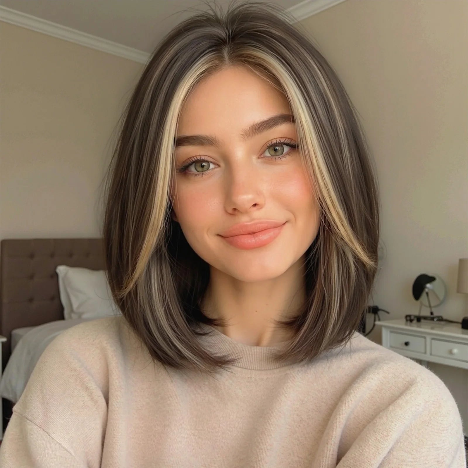 LOUIS FERRE Short Blonde Highlight Brown Bobo Wigs For Women Daily Cosplay Natural Straight Wig High Temperature Synthetic Wigs