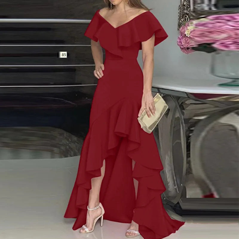 New Sexy V Neck Ruffles Party Dress Femme Elegant Summer Fashion Solid Sleeveless Slim Irregular Maxi Dresses For Women Robe