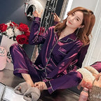 Plus Size Autumn and Winter Silk Pajamas Women Tops and Pants Solid