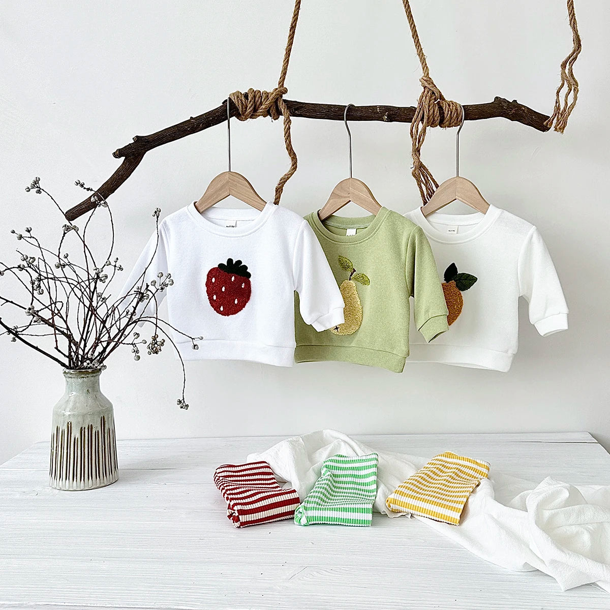 0-3Y Baby Girl Clothing Toddler Boys Sets Infant Suit Long Sleeved Pullover Shirt Cotton Newborn Baby Clothes Fruit Embroidery