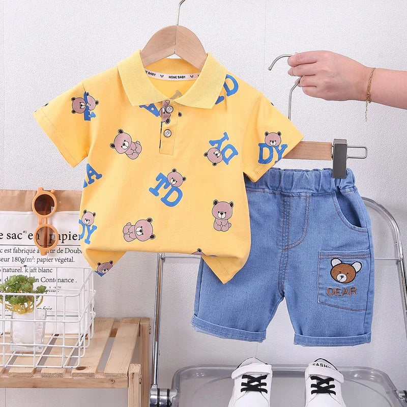 Summer Kids Baby Boys Cartoon Bear Suits Short Sleeve T-Shirt Shorts Casual Clothes Outfit Girls Clothing 2PCS/Set