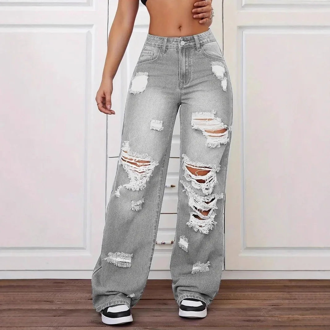 Jean femme taille haute déchiré – Coupe wide leg streetwear