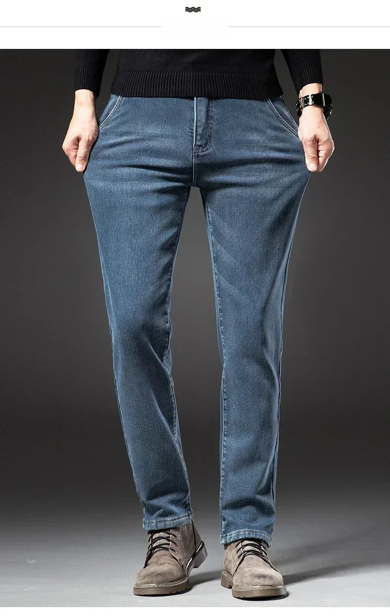 2025 Winter New Men's Fleece Thickened Jeans Retro Blue Hot Straight Casual Pants Stretch Premium Velvet Warm Denim Pants