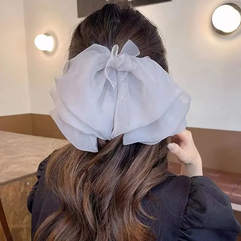 Woman White Black Chiffon Bowknot Hair Clip Super Big Bowknot Barrette for Girls Comfortable Headwear Hair Apparel Accessories
