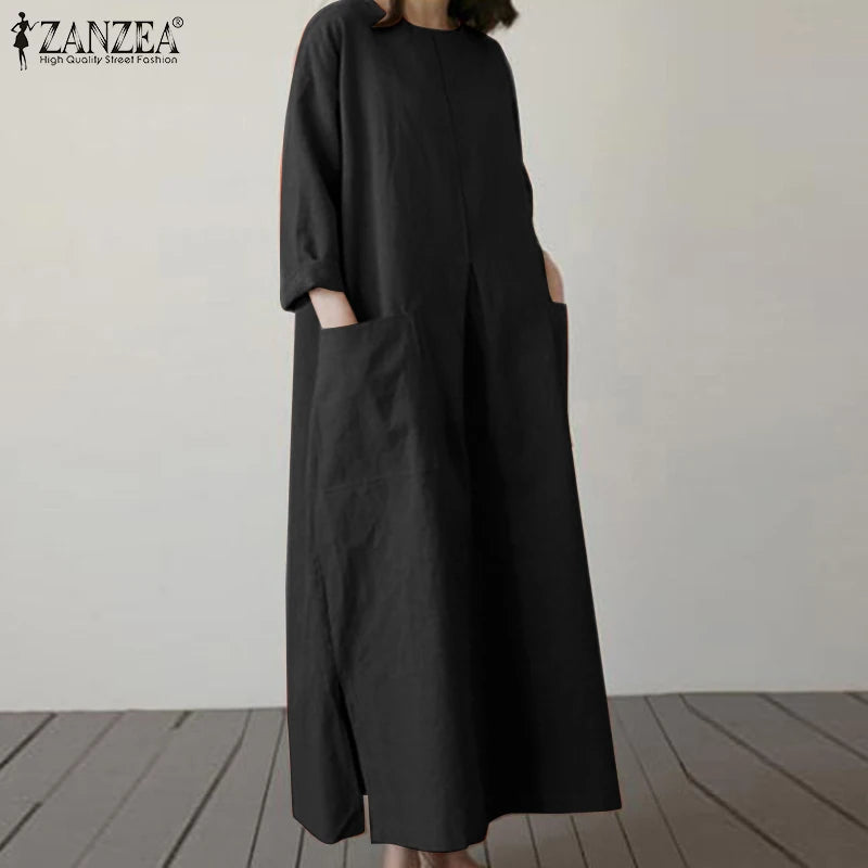 2024 ZANZEA Fashion Summer Vintage Women Solid 3/4 Sleeve Sundress Baggy Loose Casual Dress Oversize Vestidos Kaftan Robe Femme