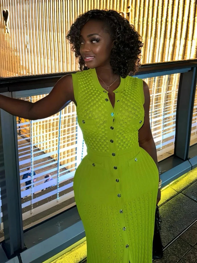 Fashion Knitted Dress Summer Clothes Women Sleeveless Single Breasted Bodycon Long Dresses Vacation Holiday Knitting Dress Robes