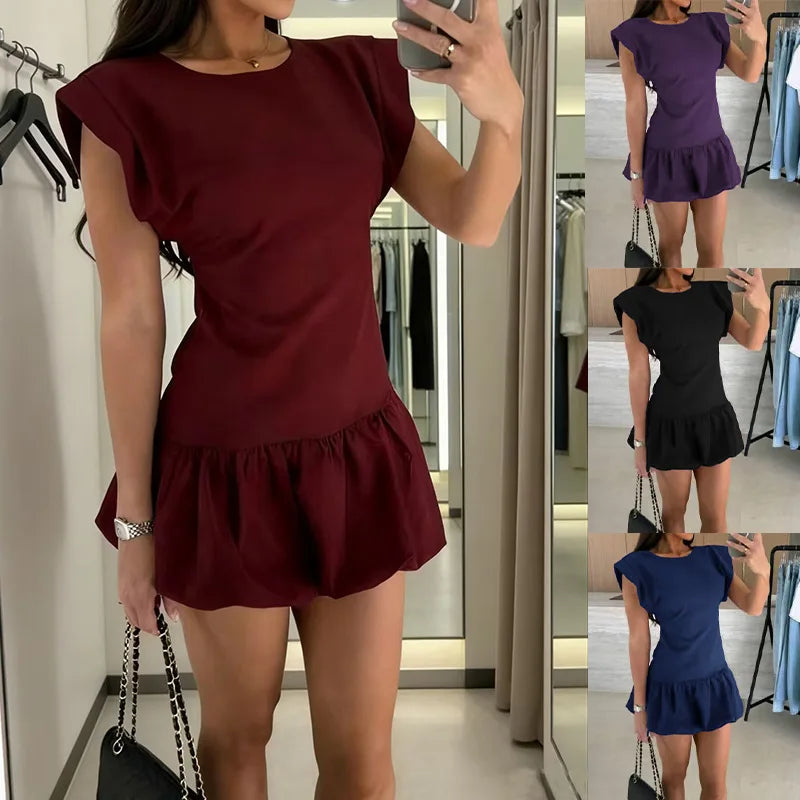 2026 Casual Dresses For Ladies A-line Dress Vestidos Simple Style Slim Ruffles Short Sleeves Solid Color All-match Simple Style