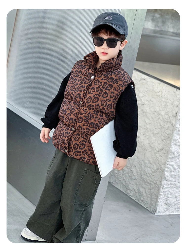 New Fashion Baby Boy Girl Leopard Print Sleeveless Vest Elegant Kids Children Winter Waistcoat Age 2 3 4 5 6 7 8 9 10 11 Years