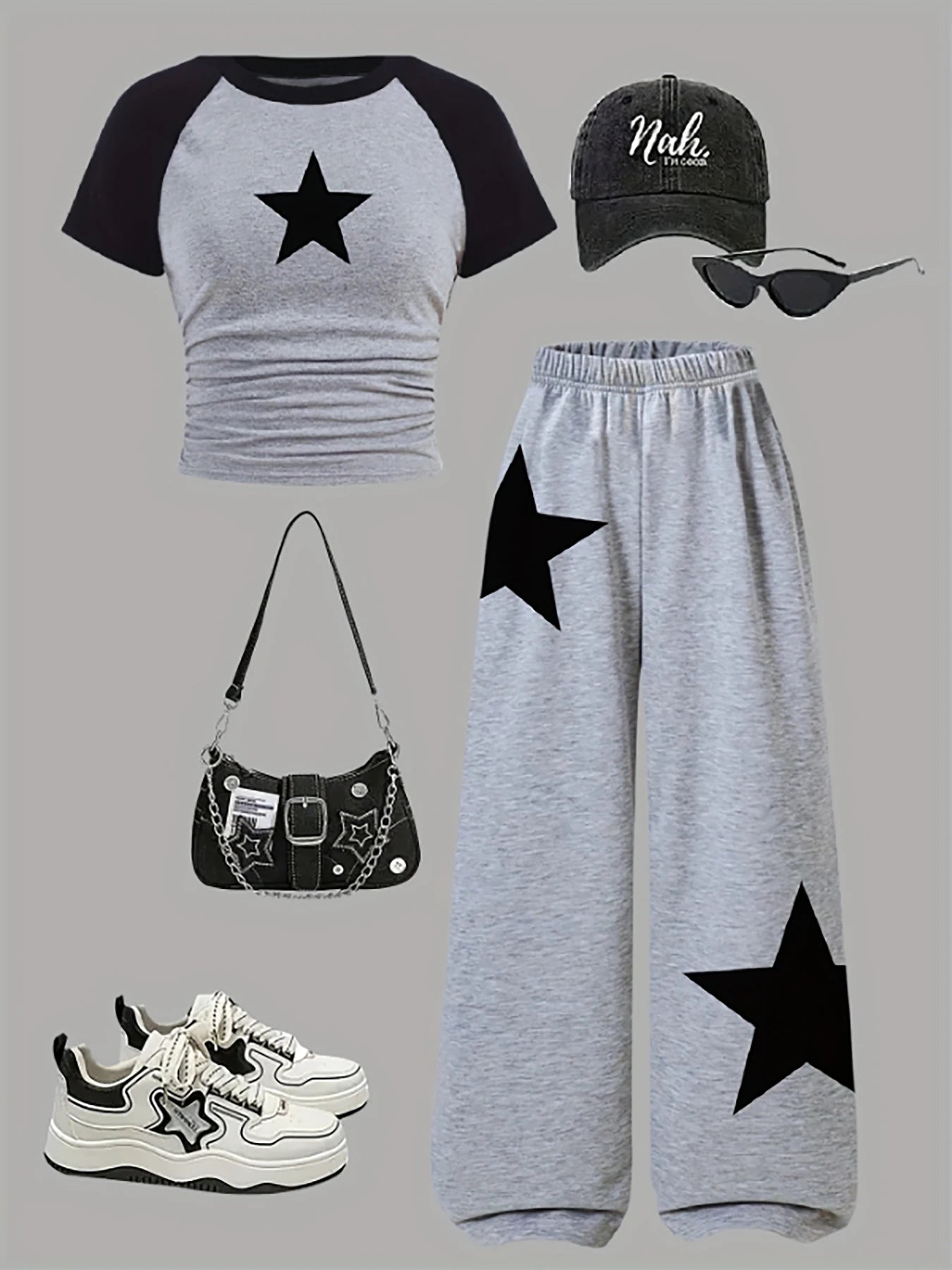 Trendy Items for Girls, Girls' Clothing, 2-Piece Girls' Outfit, Back-To-School Clothing, Star Pattern, Gray Wide-Leg Sweatpants, American Football, Volleyball, Thanksgiving, Halloween Outfits, Christmas Sweatpants, Suitable f