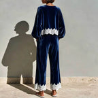 Round Neck Velvet Set Women Balloon Long Sleeve Scallop Lace Hem Top & Wide Leg Pants Suit Elegant Casual Holiday 2 Piece Outfit