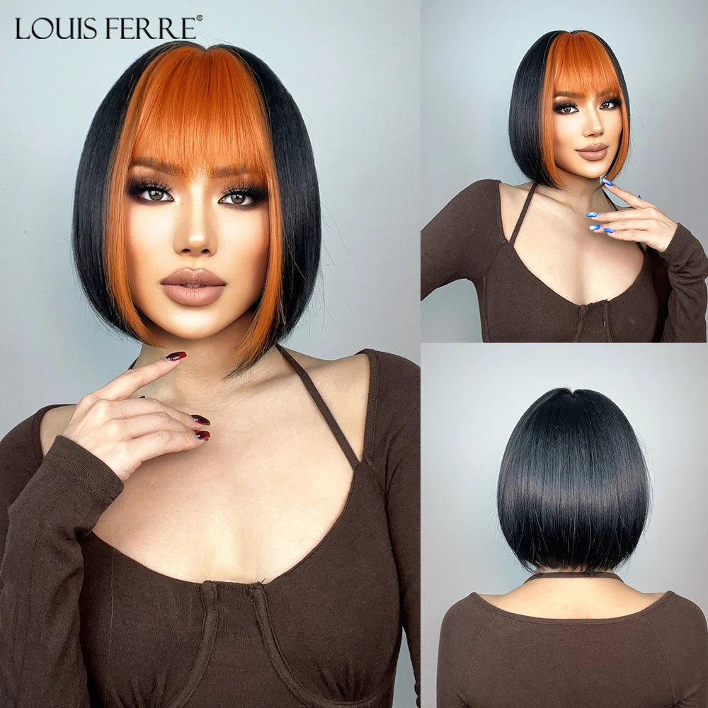 LOUIS FERRE Short Blonde Highlight Brown Bobo Wigs For Women Daily Cosplay Natural Straight Wig High Temperature Synthetic Wigs