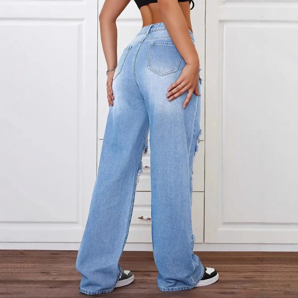 Jean femme taille haute déchiré – Coupe wide leg streetwear