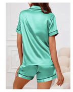 Elegant Satin Solid Pajamas Set Short Sleeve Lapel Buttons Top And