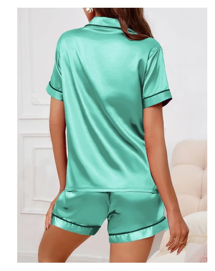 Elegant Satin Solid Pajamas Set Short Sleeve Lapel Buttons Top And Shorts Breathable Fabric Skin-Friendly Fit Women's Sleepwear