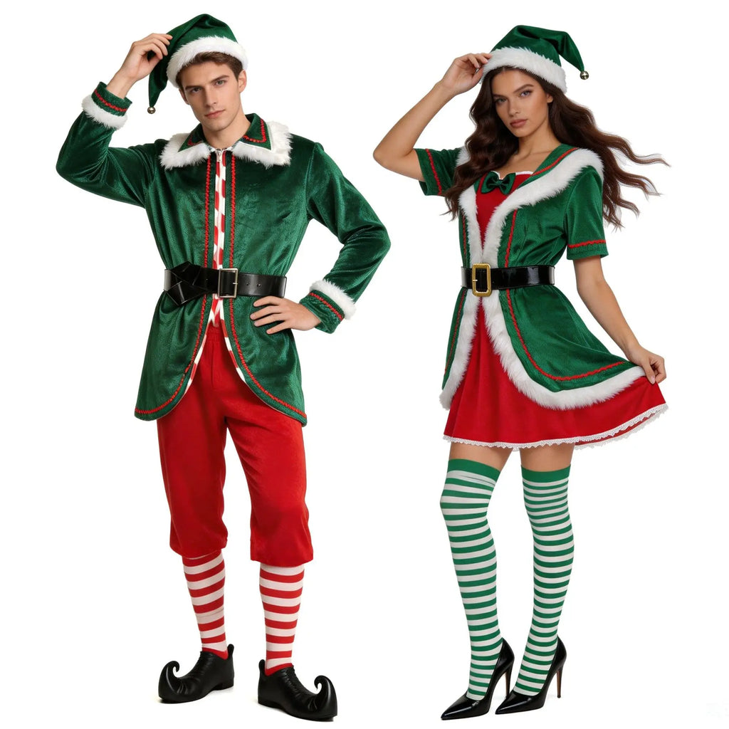 Christmas Elf Costume for Adults Men Women Couple Green Velvet Dress Suit Belt Hat Striped Stockings Xmas Party Cosplaywear