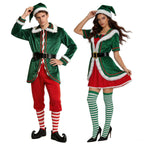 Christmas Elf Costume for Adults Men Women Couple Green Velvet Dress Suit Belt Hat Striped Stockings Xmas Party Cosplaywear