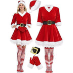 Women's Christmas Costume Set Santa Claus Outfit Velvet Dress With Striped Thigh-High Socks and Elf Hat