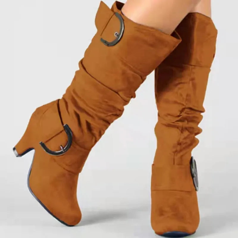 Bottes Cavalier Femme Velours Givré – Talon Aiguille Boucle Printemps Automne