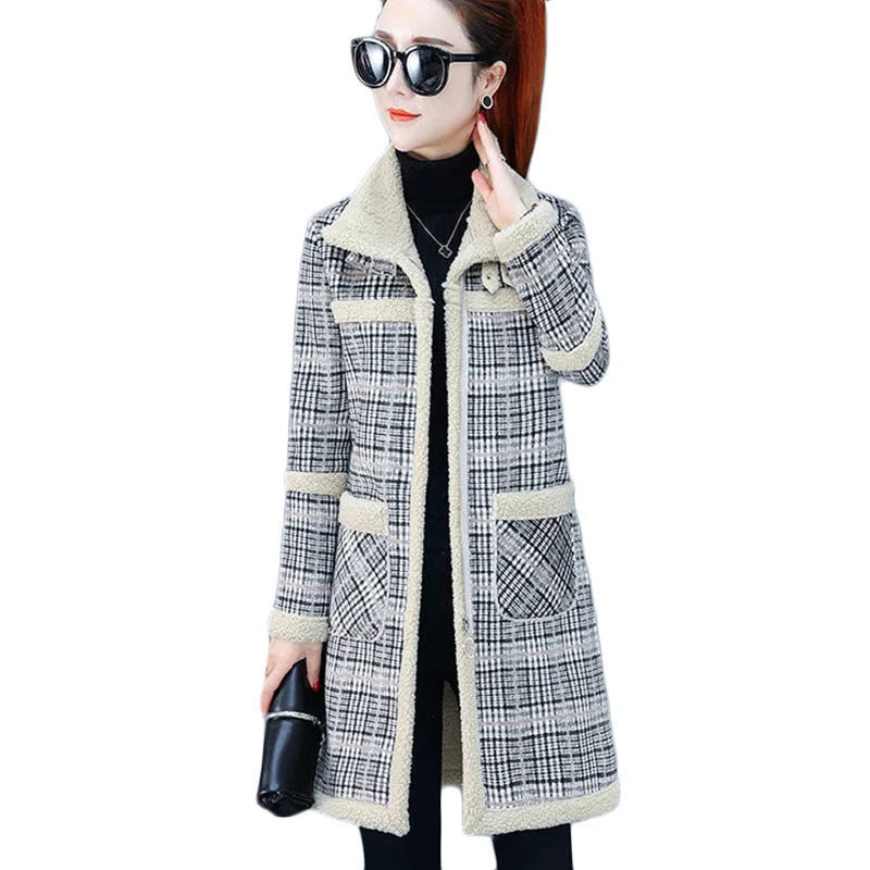 Manteau Long Laine Femme À Carreaux – Grande Taille Chaud Hiver Slim