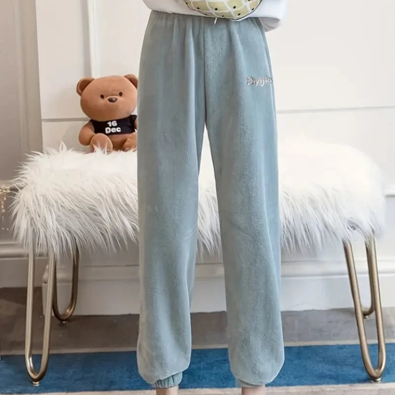 Winter Plush Pajama Pants for Women Soft Fleece Lined Thermal Lounge Wear Warm Elastic Waist Sleep Pants Cozy Home Clothing