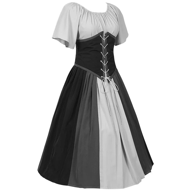 Costumes Halloween pour femmes,robe trapèze rétro médiévale,couleur contrastée,robe à épaules en un mot