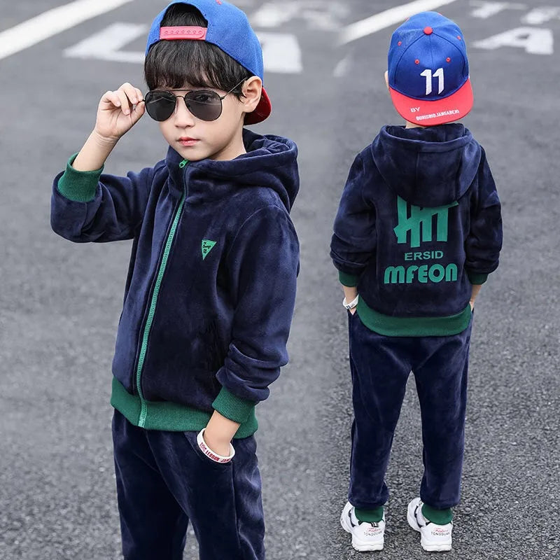 Boys Double-sided Velvet Sets Children Fashion Casual Hooded Suit Kids Autumn Winter Jackets+Pants 2Pcs Outfits Teenager Clothes