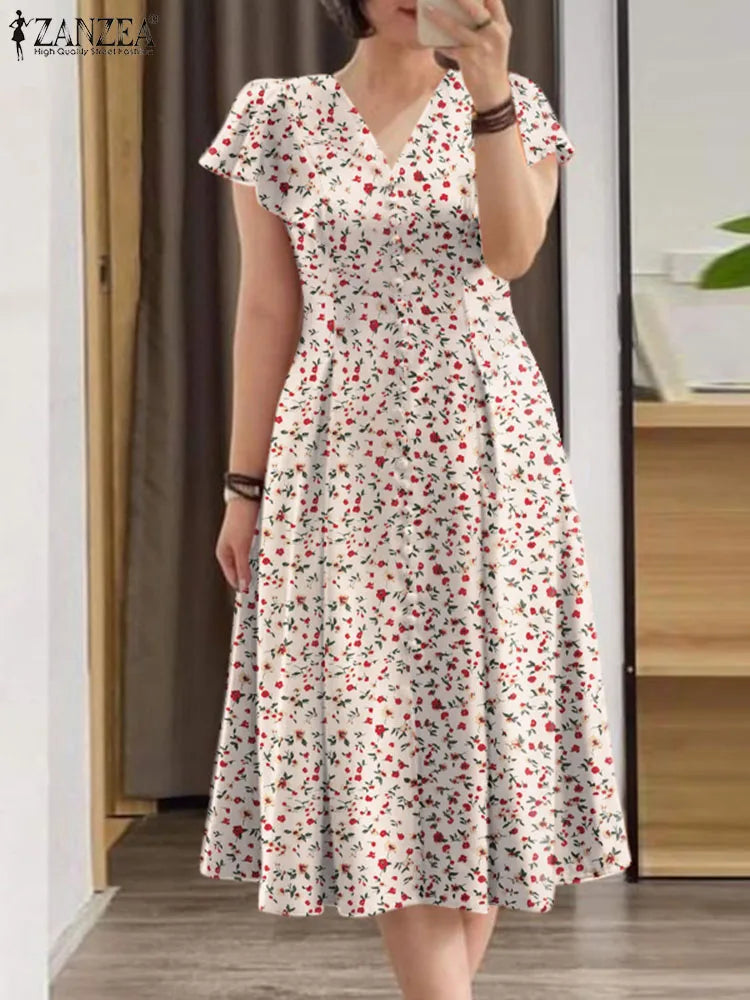 2024 ZANZEA Elegant Summer Dress Women Bohemian Sundress Robe Femme V Neck Short Sleeve Floral Printed Holiday Vestido Kaftan