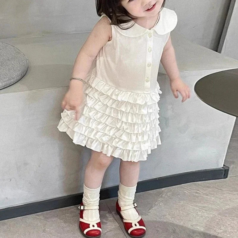 Children's Clothing 2025 Summer New Sweet White POLO Collar Vest Skirt Girls' Patchwork Pleated Cake