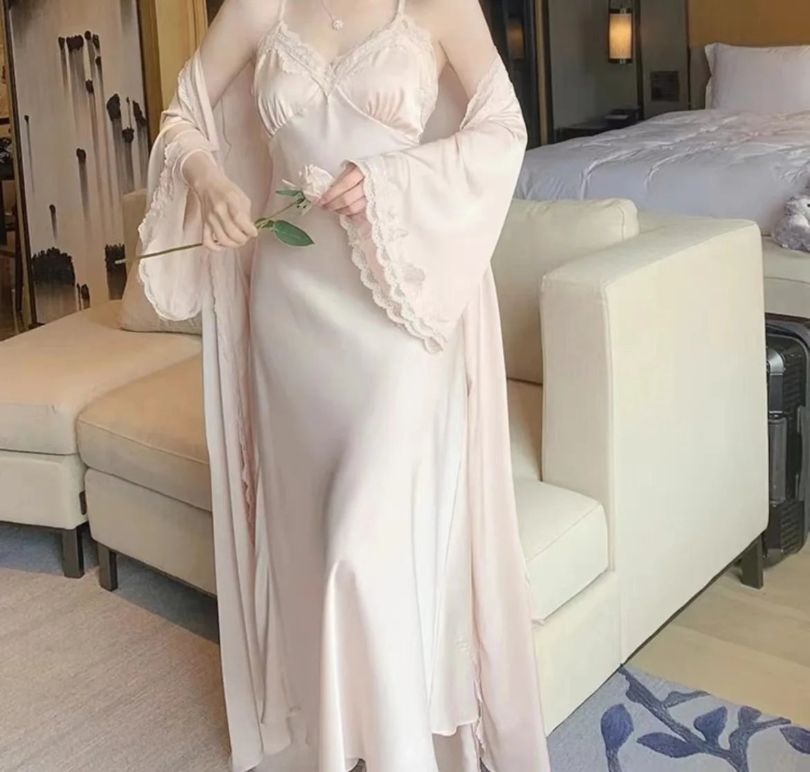 Princess Style Robe Set 2Pcs Vestidos De Novia Nightgown Sexy Lace Patchwork Nightdress Chemise Sleepwear Long Home Dress