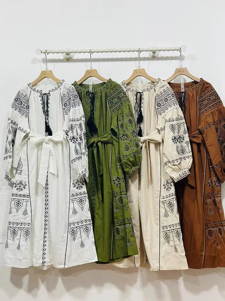 European Retro Ethnic Style Dress for Women in Spring and Autumn, Embroidered Lace Up Lantern Sleeves, Waist Cinching Long Skirt