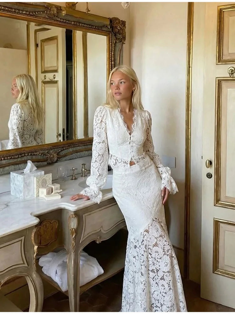 Elegant Solid Lace Ruffles Maxi Skirt Set Women Vintage Single Breasted Flared Sleeve V-neck Slim Blouse Suit Lady Party Outfits
