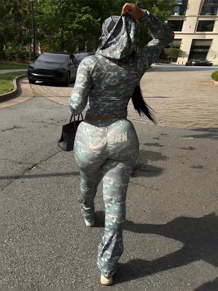 SiSterlinda Hooded 2 Piece Set Women Letter Leopard Zip Jacket+Flare Pants Casual Matching Stretch Sporty Streetwear Tracksuit