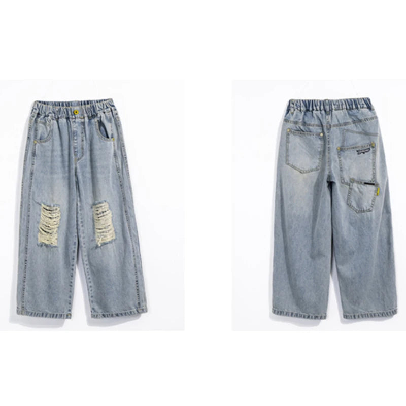 Distressed Designer Kids Desroyed Ripped Jeans Trousers with Holes On Knee for Boys Casual Broken Denim Pants 5 6 8 9 10 12 14 Y