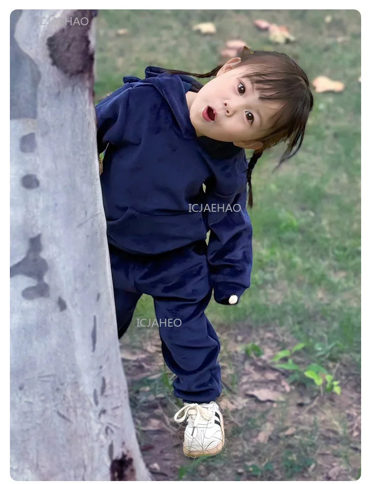 Boys Girls Velvet Warm Long Sleeve Hooded Outfit Set Children Clothing Casual Tracksuit Outdoor Wear Autumn Winter Kids Clothes