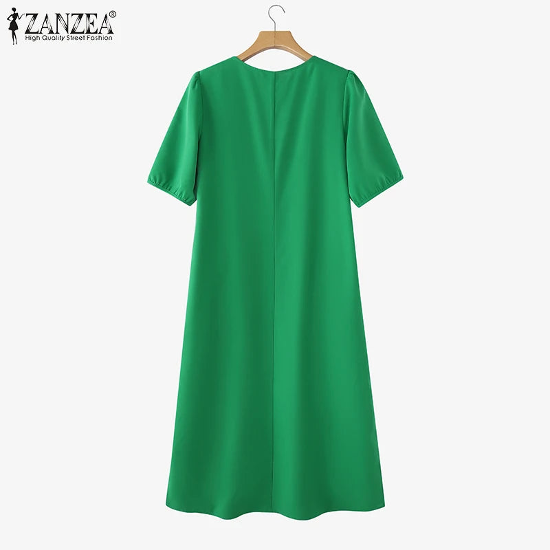 ZANZEA 2025 Fashion Summer Dress Women V Neck Short Sleeve Holiday Sundress Casual Loose Party Work Vestidos Kaftan Robe Femme