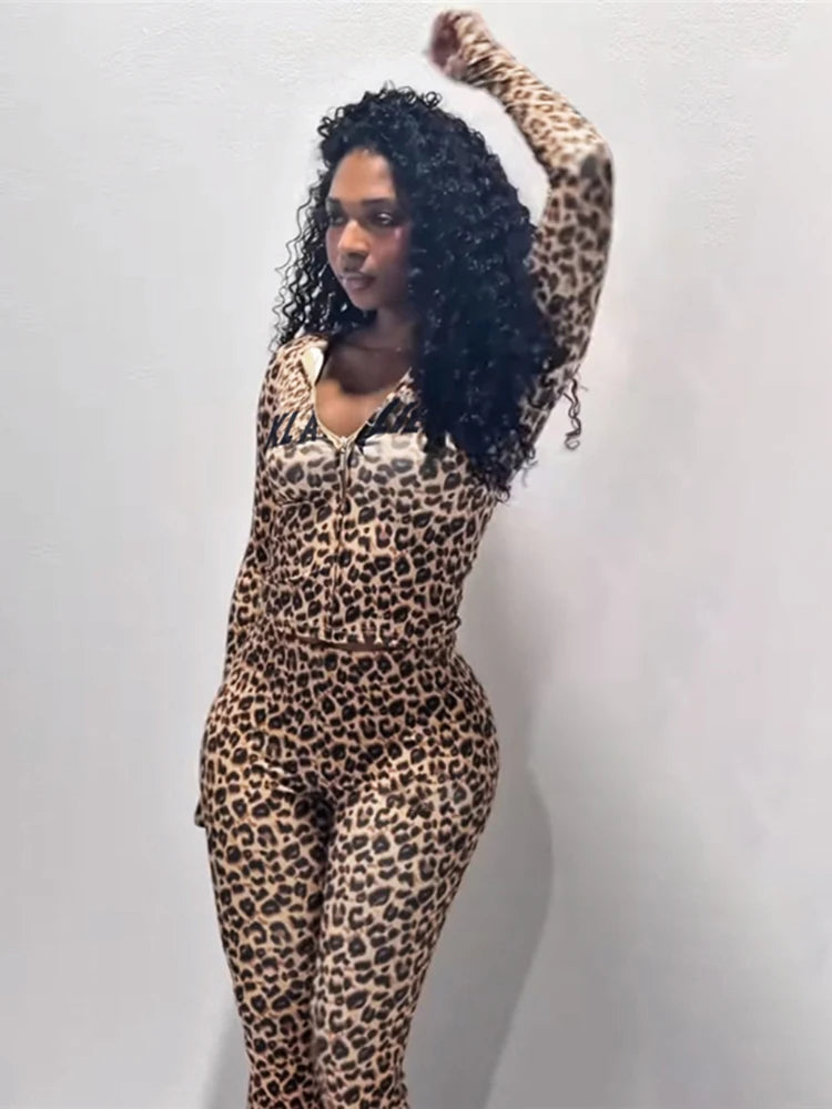 SiSterlinda Hooded 2 Piece Set Women Letter Leopard Zip Jacket+Flare Pants Casual Matching Stretch Sporty Streetwear Tracksuit