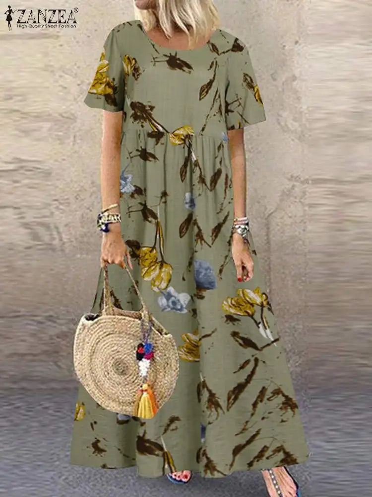 2025 ZANZEA Bohemian Holiday Sundress Summer Women Vintage Floral Printed Short Sleeve Beach Dress Loose Long Vestido Robe Femme