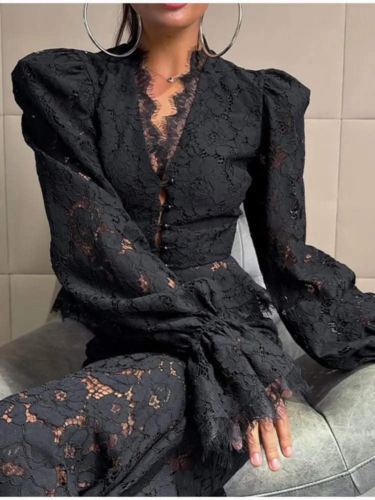 Elegant Solid Lace Ruffles Maxi Skirt Set Women Vintage Single Breasted Flared Sleeve V-neck Slim Blouse Suit Lady Party Outfits
