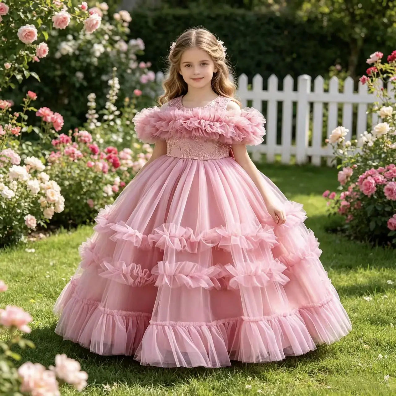 2024 New 4-12 Year Old Robe Princess Dress Flower Girl Wedding Dress Fashionable Party Dress Lace Mesh Elegant Girls' Clothing